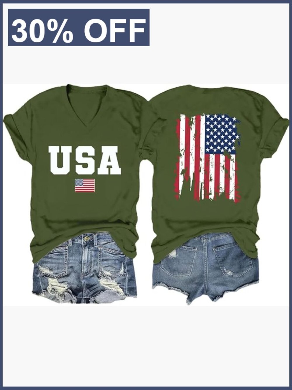 Patriotic V-Neck Short Sleeve T-Shirt USA Print Soft Polyester Blend